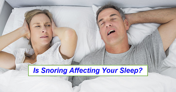 Wife covering her ears because she can't sleep next to snoring husband, with the words, Is snoring affecting your sleep?